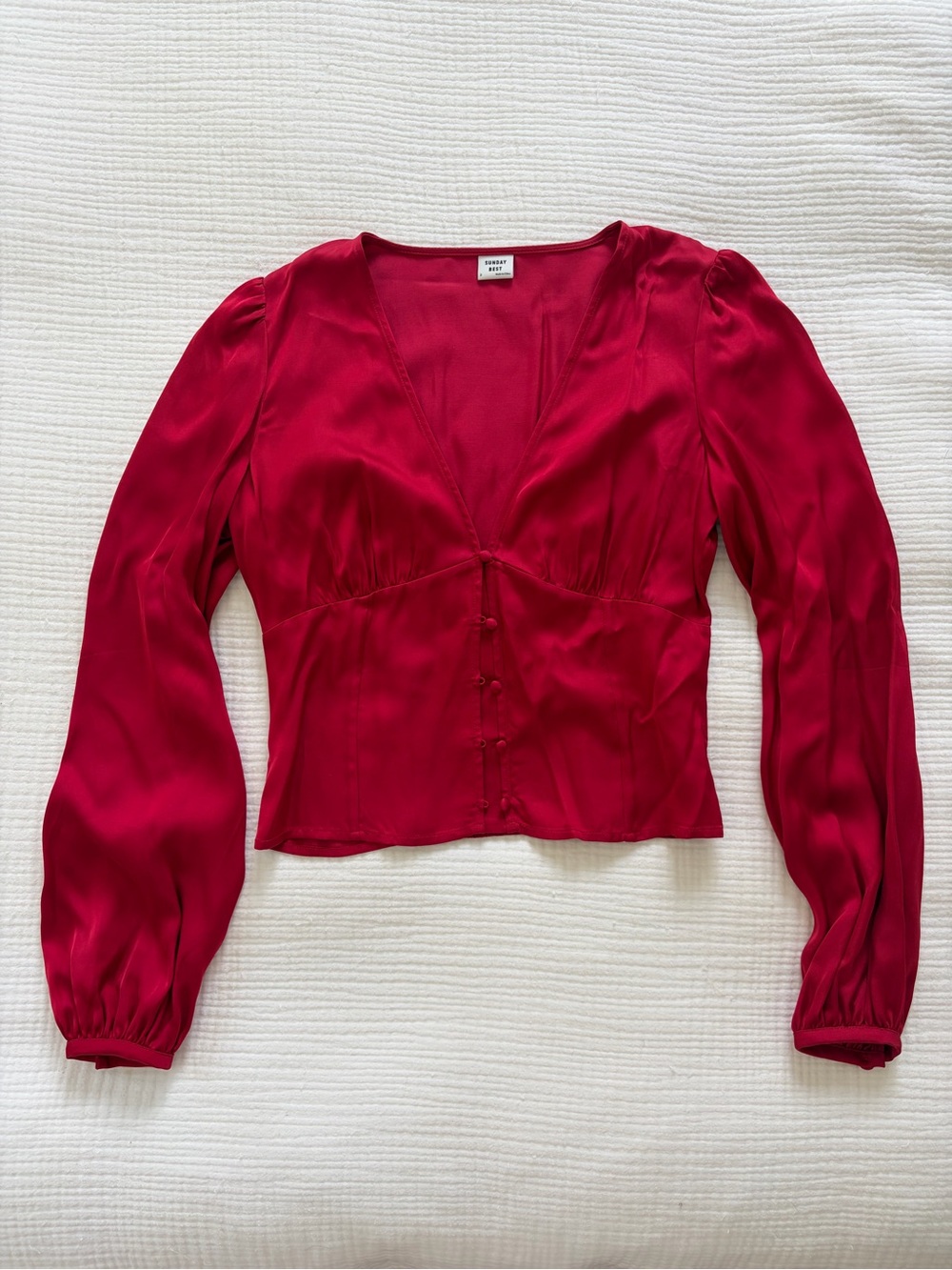 Aritzia Crimson Satin V-Neck Button-Up Blouse
